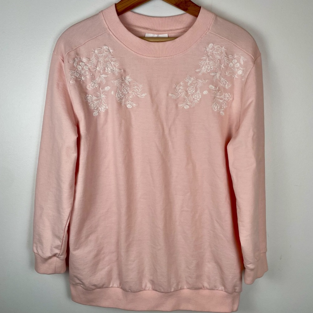 Blush Pink Embroidered Floral Long Sleeve Knit Top Romantic Cottagecore Soft
